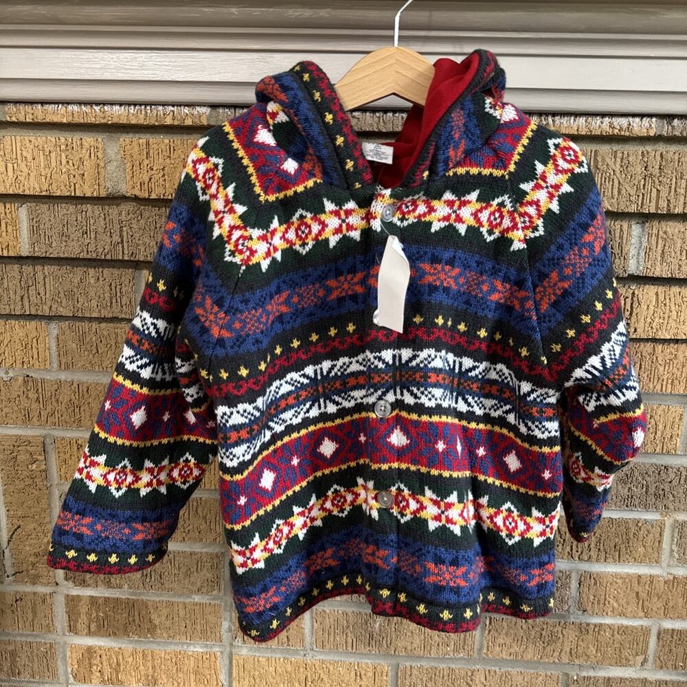 VTG Gapbaby Geometric Wool Nordic Knit Hooded Cardigan Sweater Sz 4 Warm Holiday